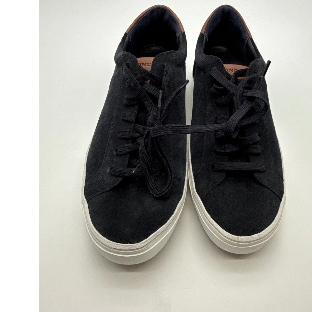 Vince Mens Suede Low Top Sneakers Navy Blue Brown Leather Trim Lace Up Shoes